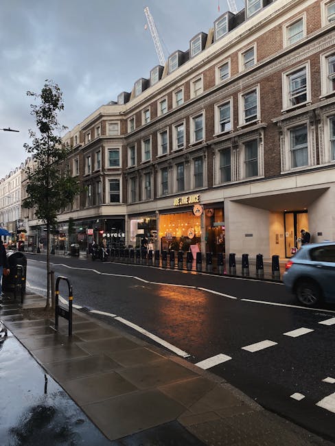 A street view featuring a row of white and light green commercial buildings with large display windows on the ground floor, housing flower shops and art galleries. The flower shop has a pale green exterior with prominent window displays filled with various plants and floral arrangements. In front of the flower shop, there is a small chalkboard sign on the sidewalk listing services or promotions, and a potted plant nearby. To the left, a black street lamp stands beside a metal gate and a red and white no-entry traffic sign mounted on a pole. The building upper floors have white facades with multiple windows and decorative black wrought iron balconies, some with potted plants on them. The street surface is paved with asphalt, with white road markings including a bicycle lane symbol on the right. Natural daylight illuminates the scene, creating clear visibility of the storefronts and urban environment, consistent with private waste collection or rubbish removal services supporting local shops and cafes.